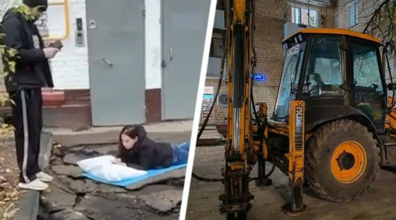Уставшая от ночной стройки москвичка легла спать перед рабочими на улице