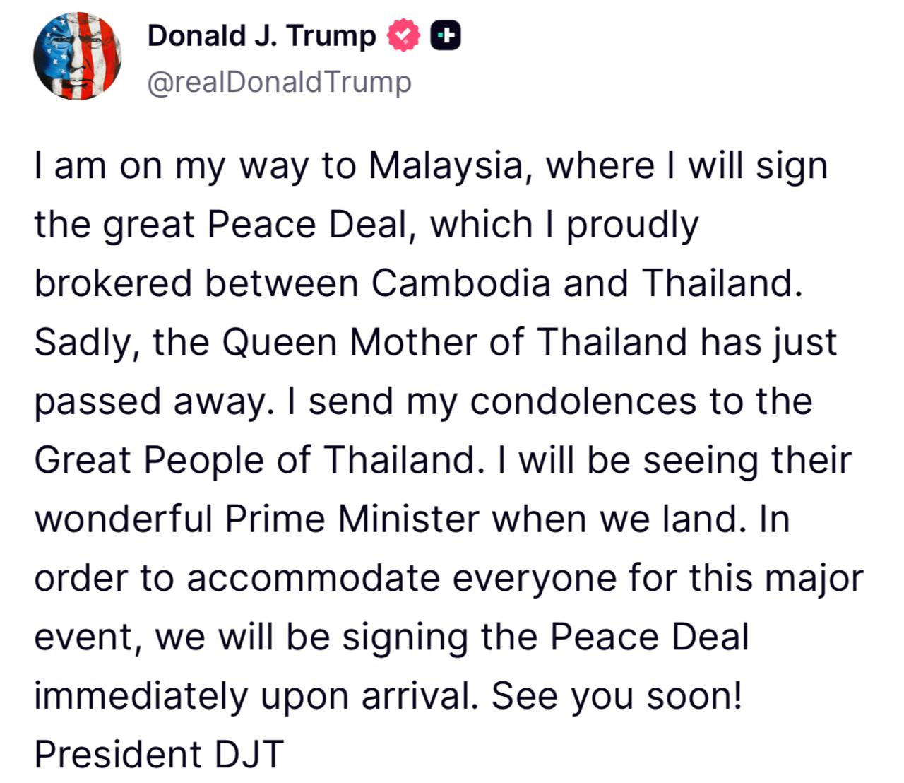 Трамп – о том, что Таиланд и Камбоджа подпишут сегодня мирное соглашение: