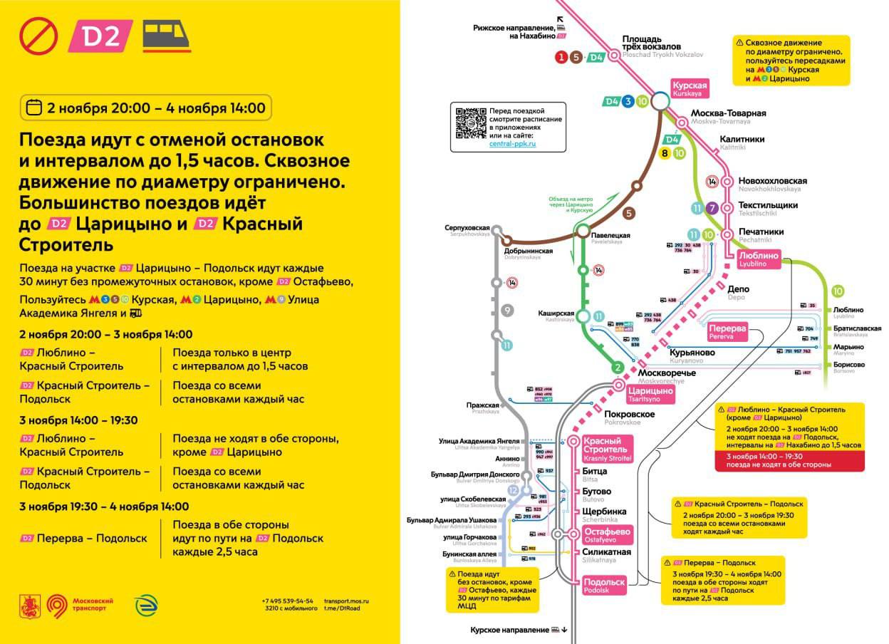 На МЦД-2 значительно изменится расписание движения поездов со 2 по 4 ноября из-за ремонта на путях