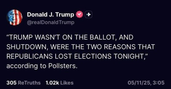 Трамп отметил, что республиканцы во вторник вечером «проиграли выборы» из-за избрания демократа Зохрана Мамдани на пост мэра Нью-Йорка, о чм написал в своих соцсетях: