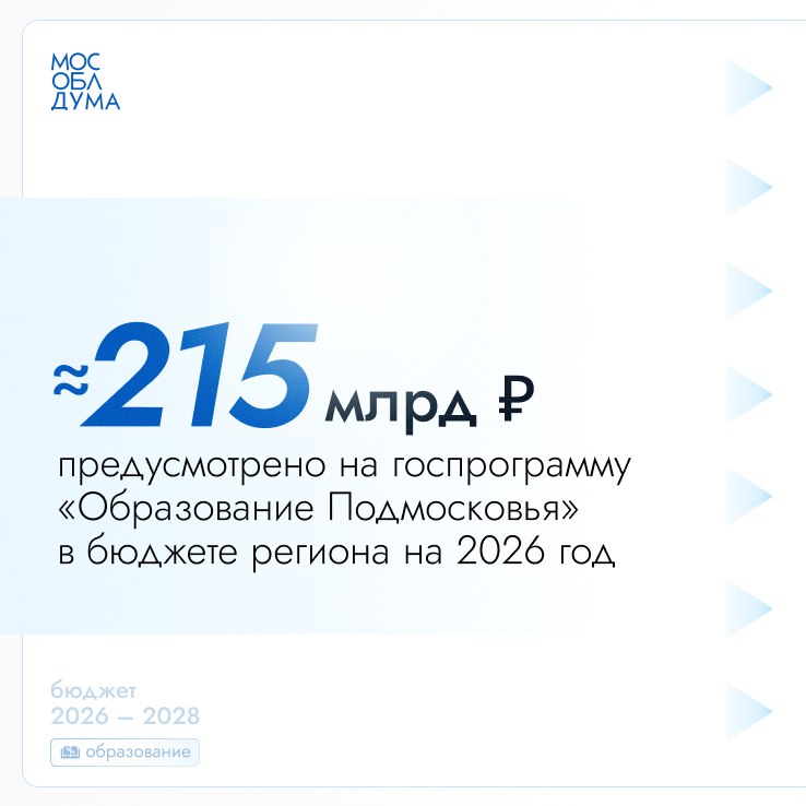 На реализацию госпрограммы «Образование Подмосковья» в бюджете региона на 2026 год запланировано порядка 215 миллиардов рублей