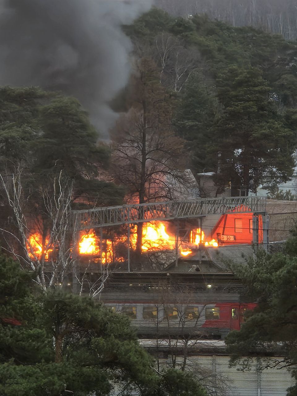 Пожар произошел около платформы Тайнинская в Мытищах