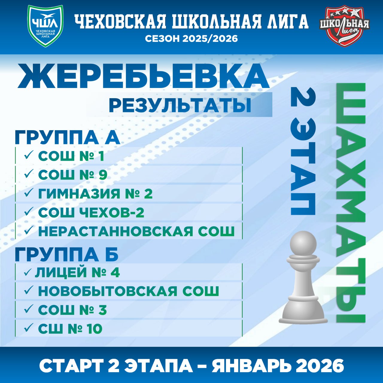 Результаты жеребьёвки команд Чеховской Школьной Лиги по шахматам на второй этап сезона 2025/2026!