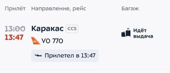 Рейс авиакомпании Conviasa V0770 из Каракаса приземлился 3 января в 13:47 мск в столичном аэропорту Внуково