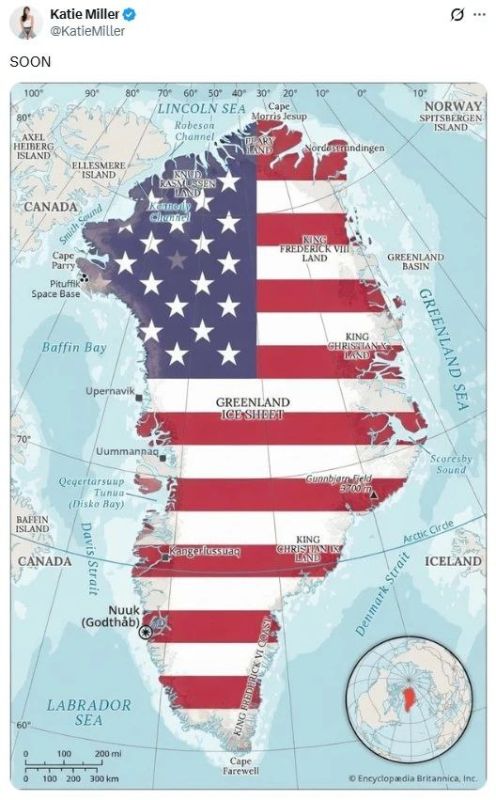 Сергей Колясников: Жена замглавы аппарата сотрудников Белого дома Кэти Миллер выпустила пост с картинкой, на которой изображена Гренландия в цветах американского флага