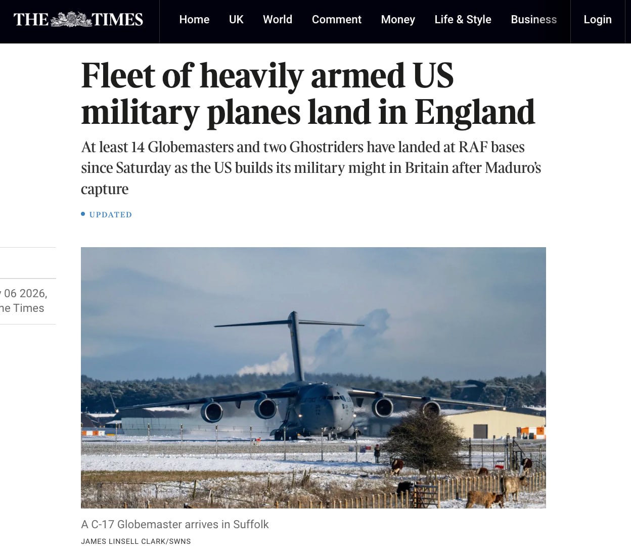 The Times: американские тяжелые военные самолёты переброшены в Великобританию