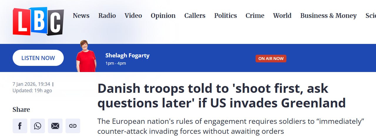 LBC: Дания подтвердила приказ войскам стрелять без предупреждения в случае вторжения США в Гренландию