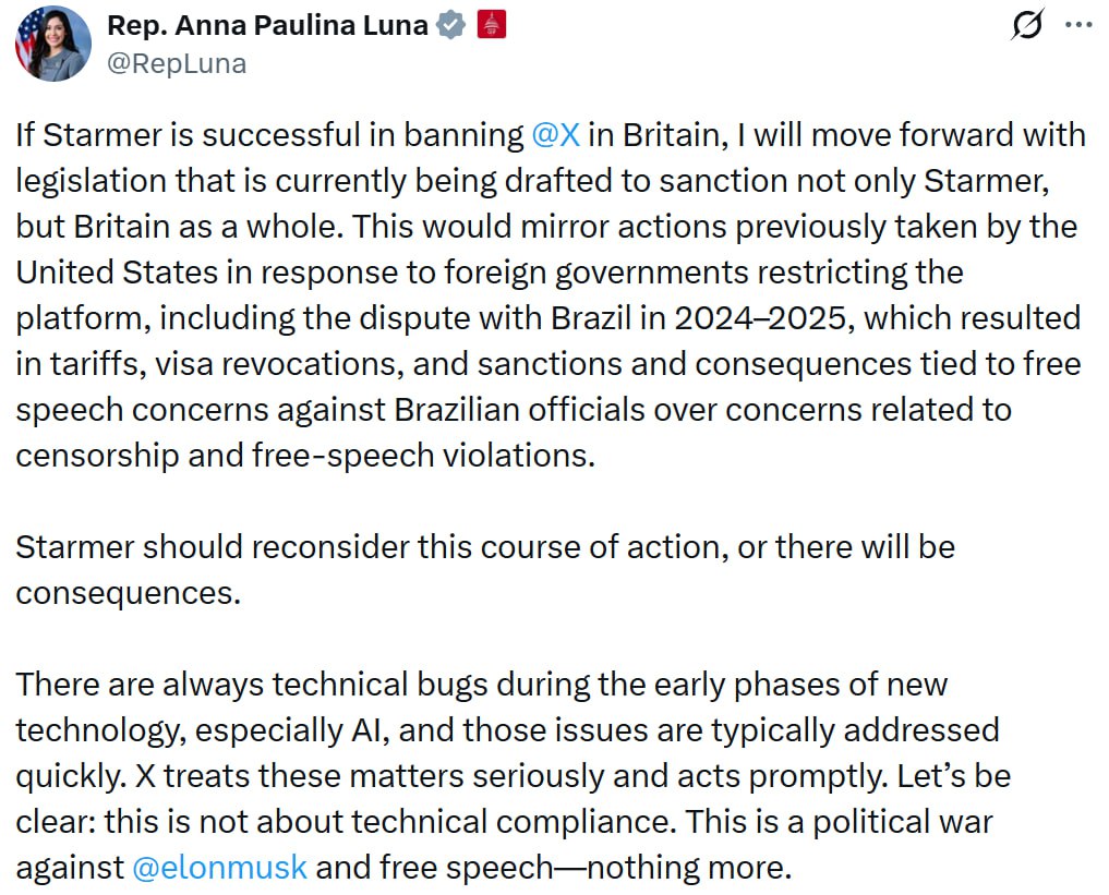 Санкции за санкции.. Американская конгрессвумен Анна Паулина Луна пригрозила рестрикциями премьер-министру Великобритании Киру Стармеру за потенциальный запрет социальной сети X на территории Соединенного Королевства