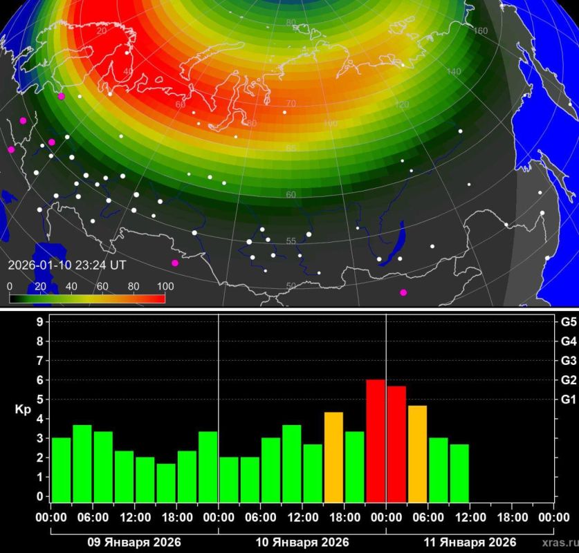 Вторая с начала года магнитная буря с сильными северными сияниями произошла в ночь на 11 января, сообщили в лаборатории солнечной астрономии ИКИ РАН и ИСЗФ СО РАН