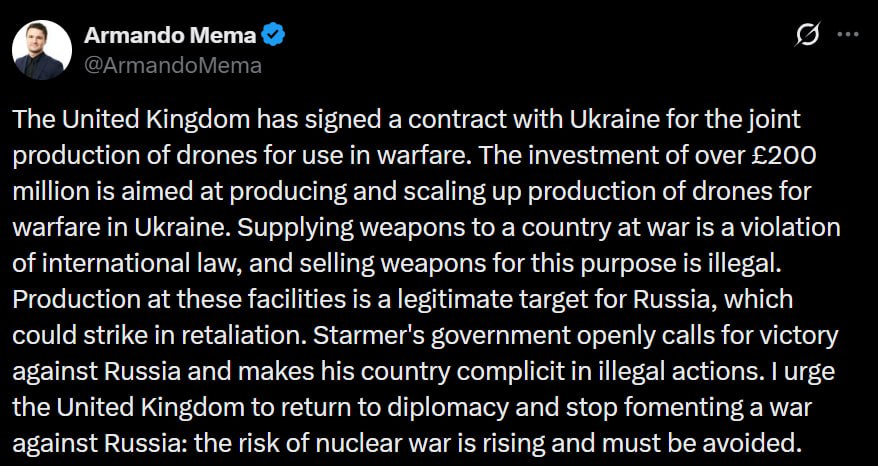 «Риск ядерной войны возрастает, и этого необходимо избежать», — финский политик Армандо Мема заявил, что украино-британское производство БПЛА — законная цель для Вооружённых сил России
