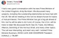 Трамп – о разговоре с новым премьером Британии: