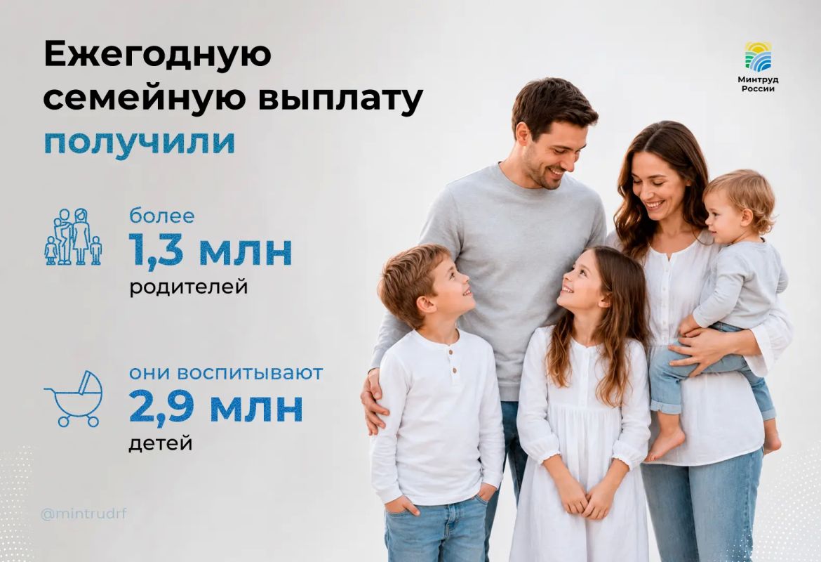Ежегодную семейную выплату получили более 1,3 млн родителей 2,9 млн детей