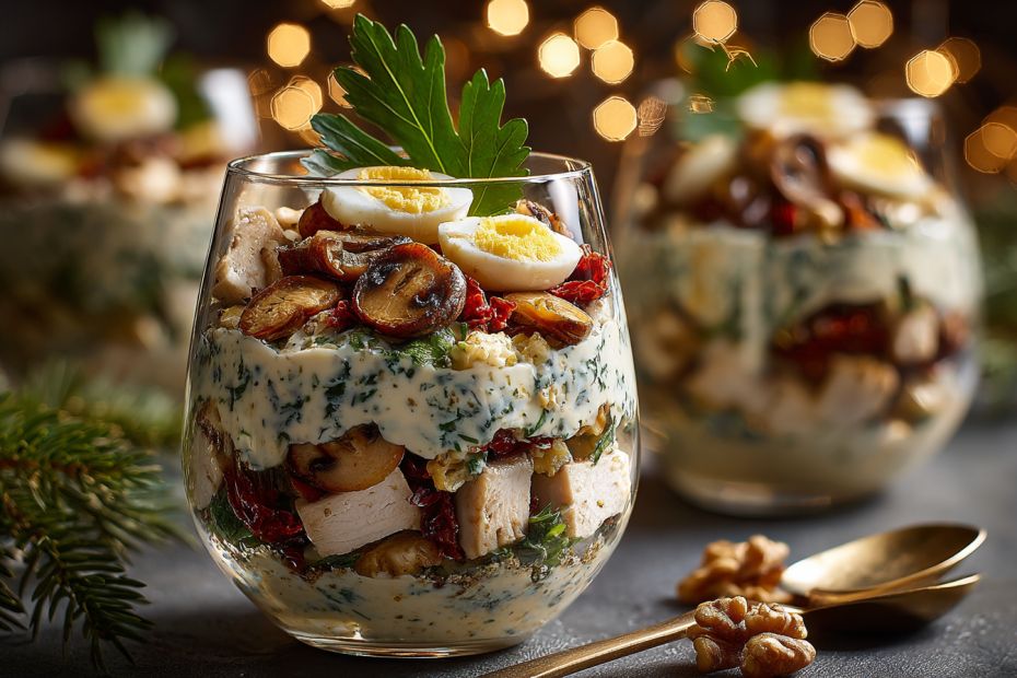 Легкий новогодний салат с грибами и йогуртовой заправкой